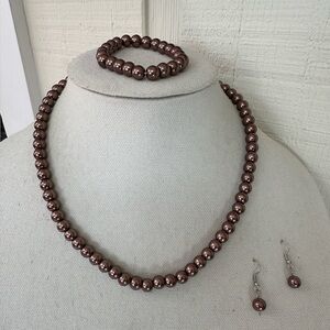 Copper brown bead necklace bracelet earrings set